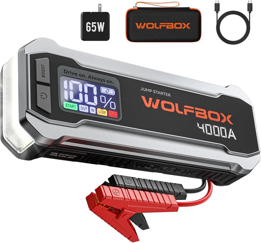 WOLFBOX 4000A Jump Starter - 12V Car Battery Jumper Starter Portable with 65W Quick Charger, LED Display, 88.8Wh Booster Jump Box Pack, with LED Light