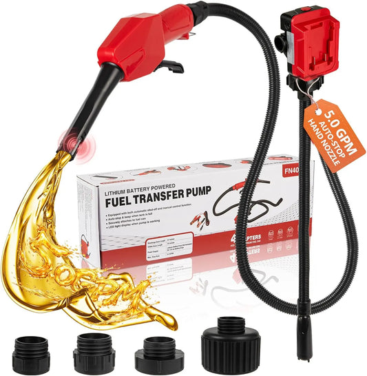 Cordless Fuel Transfer Pump - 5 GPM, Auto-Stop & Hand Nozzle, Compatible with Milwaukee 18V & DeWalt 20V Batteries, Gasoline, Bare Tool