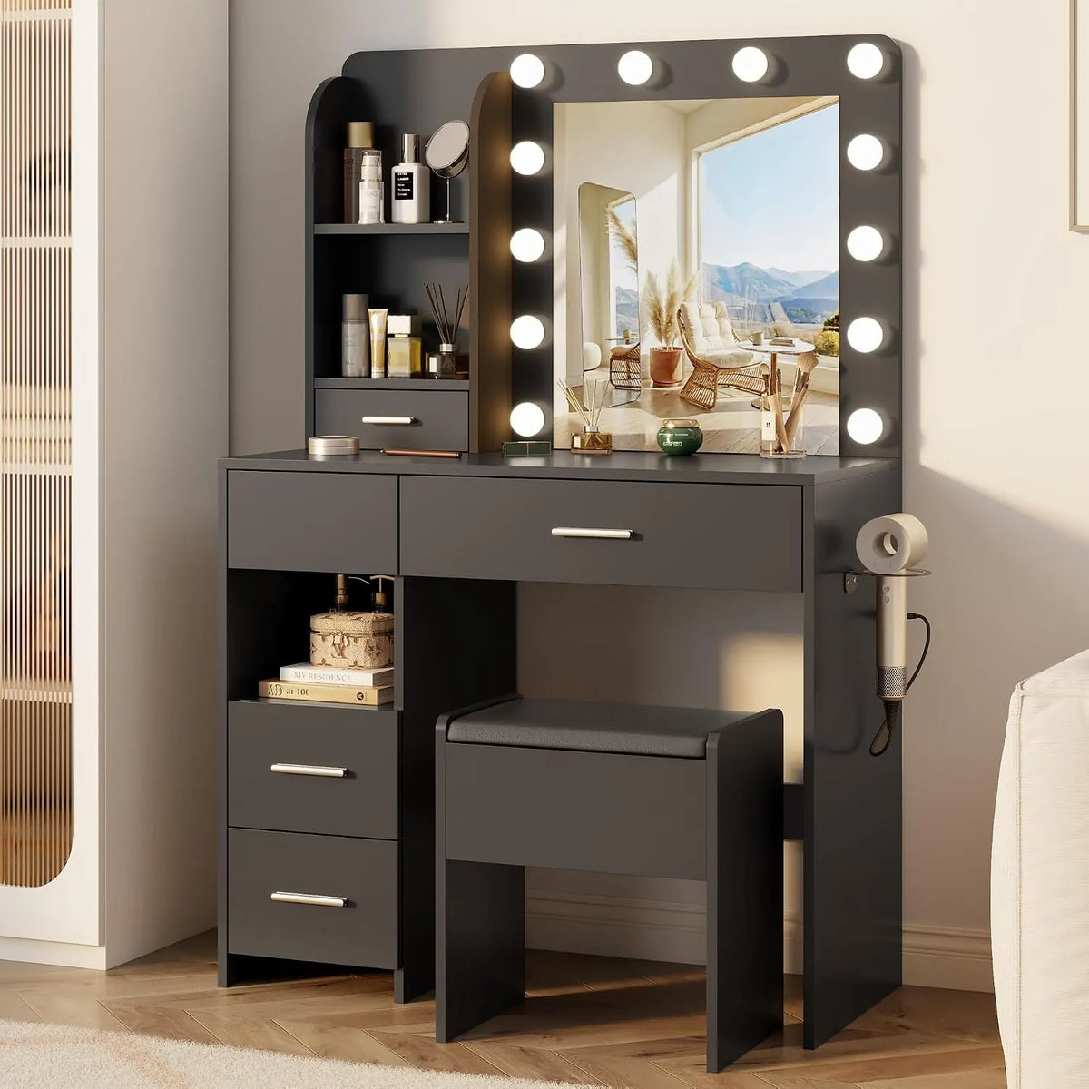 Otterease Vanity Desk with LED Lighted Mirror&Power Outlet - 3 Lighting Colors Makeup Vanity Desk with 5 Large Drawers and 3 Storage Shelves, Black