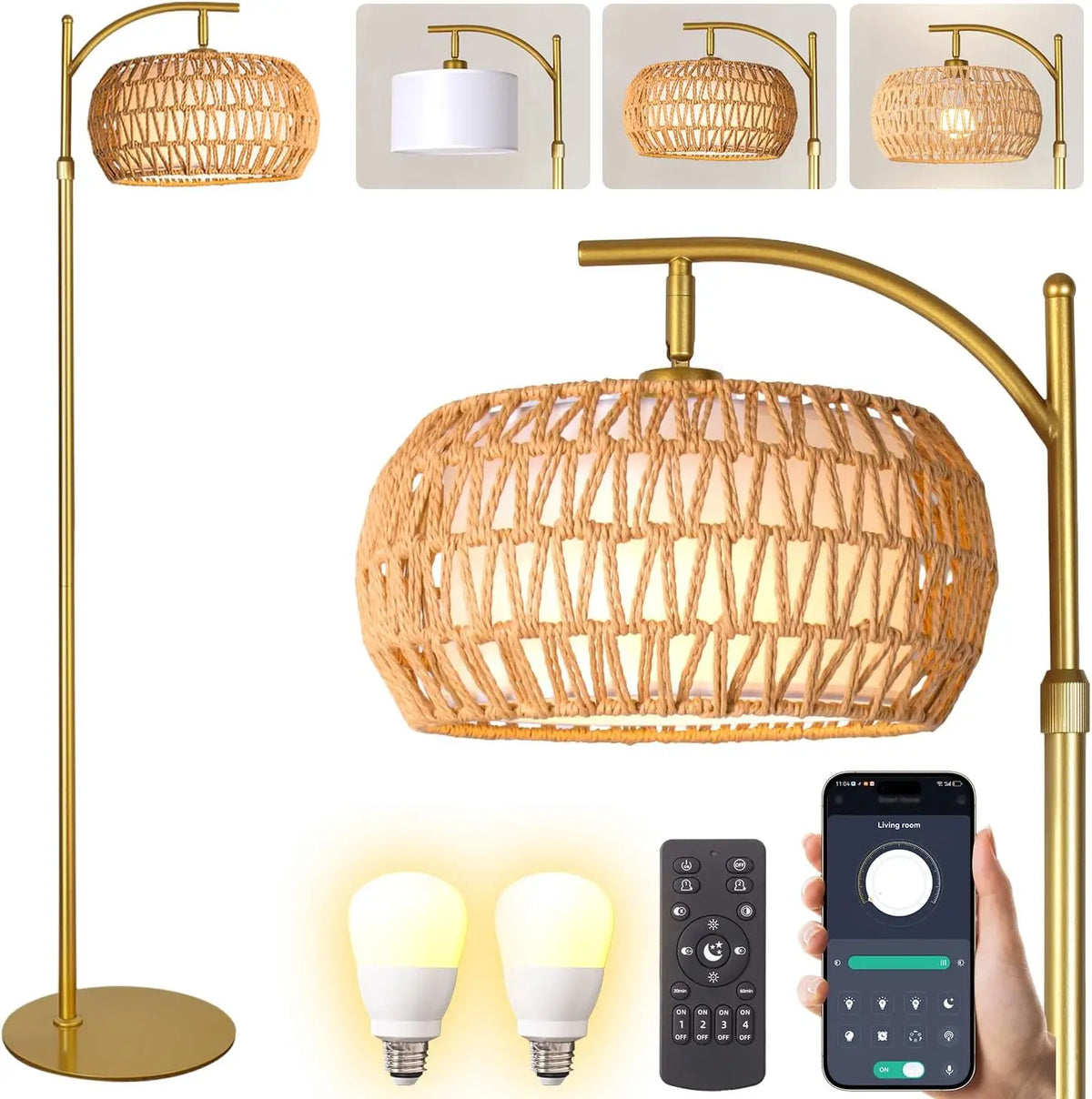 Gold Boho Rattan Floor Lamp w/Remote - Dimmable, 2700K, 6000K, 2, in, 1 Wicker & Fabric Shade, Adjustable 165-172cm for Living Room & Bedroom