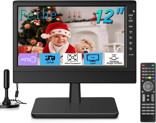 Feihe 12 Inch Small TV - Portable TV with HD Display, Antenna, HDMI, AV, USB Ports, Built-in Digital Tuner and Compact Design for Kitchen, RV