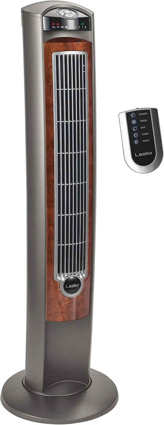 Lasko Oscillating Tower Fan with Remote - 42 Inch Tall, Gray/Woodgrain