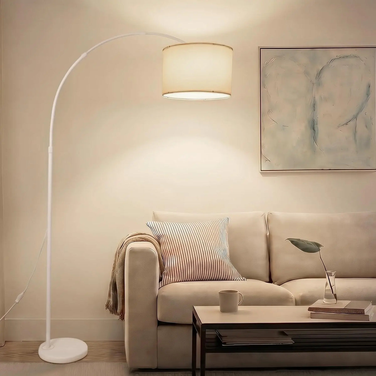 White Arc Floor Lamp - Modern Standing Lamp with Marble Base