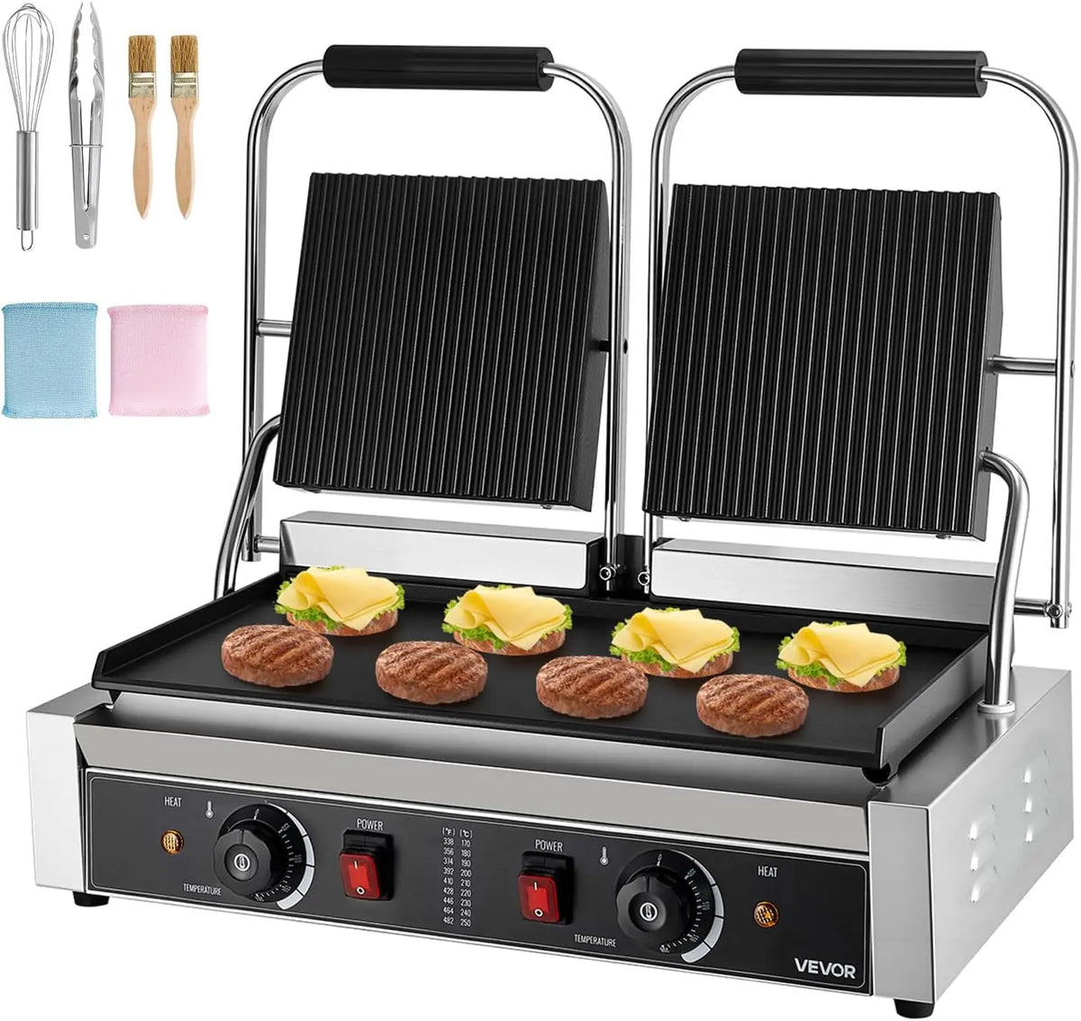 VEVOR Commercial Panini Grill - 3600W Electric Sandwich Panini Maker, Stainless Steel Double Sandwichs Press Grill with Handle and Temp Control