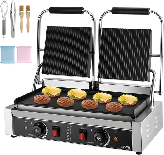 VEVOR Commercial Panini Grill - 3600W Electric Sandwich Panini Maker, Stainless Steel Double Sandwichs Press Grill with Handle and Temp Control