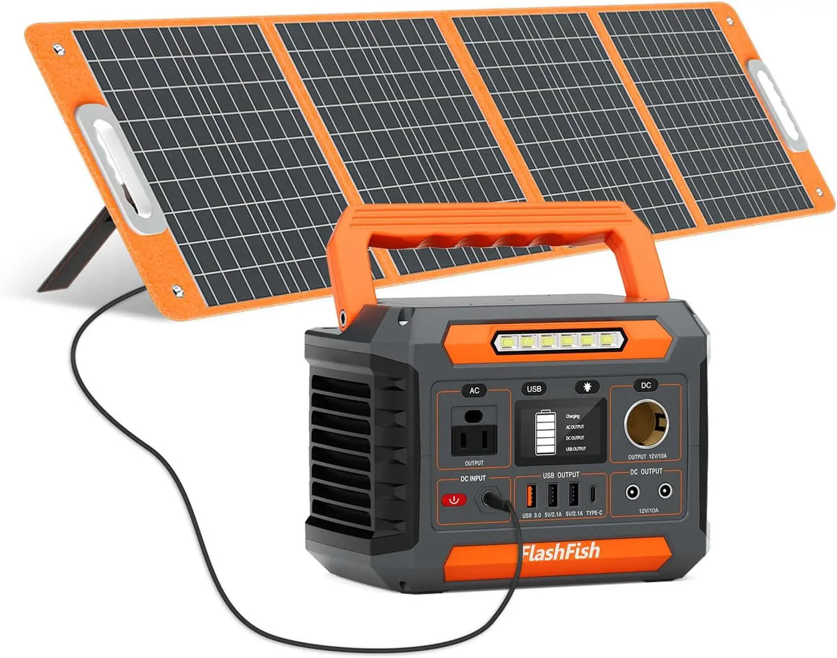 FF Flashfish 144.3Wh with Solar Panel 100W - Solar Generator 200W with AC/DC/USB/Type C/LED Lights, Backup Battery for Camping, Travel and Emergencies