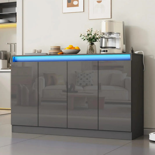 Furnify 51 Inch W Buffet Cabinet with LED Lights & Charging Station - Gray