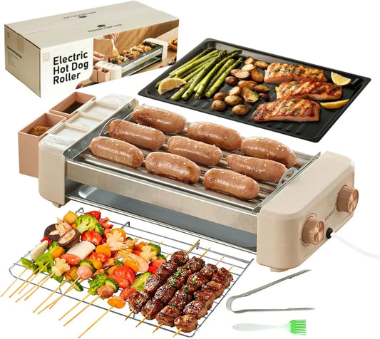Hot Dog Roller - 3 in 1 Hot Dog Machine 6 Rollers, 3-Speed Control Hotdog Roller Grill 5ft Cord, Nonstick Removable Grilling & BBQ Plates