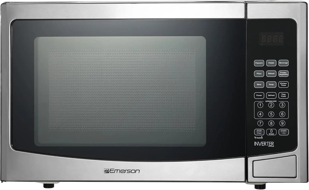 Emerson 1.2 Cu. Ft. Microwave Oven with Inverter - Timer & LED Display, 1000W, 10 Power Levels, 8 Pre-Programmed Settings, MWI1212SS, Stainless Steel
