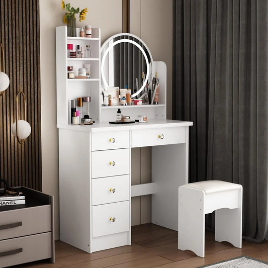 ECACAD Vanity Desk Set with LED Lighted Round Mirror - Makeup Dressing Table with 5 Drawers, Storage Shelves & Cushioned Stool for Bedroom, White