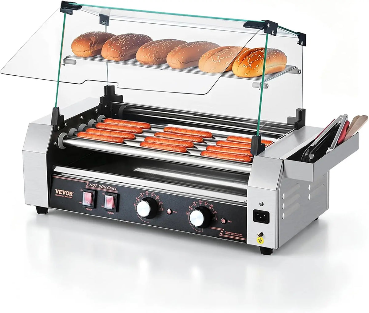 VEVOR Hot Dog Roller - 12 Hot Dog 5 Rollers, Stainless Steel Sausage Grill Cooker, 750W Commercial Hot Dog Machine with Dual Temp Control, Cover