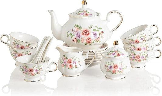 Sweejar Porcelain Tea Set Vintage Floral - British Relief Gold Rim Teapot Cup and Saucer Sets, 22-Piece Tea Sets for Adults, with Teapot, Sugar Bowl