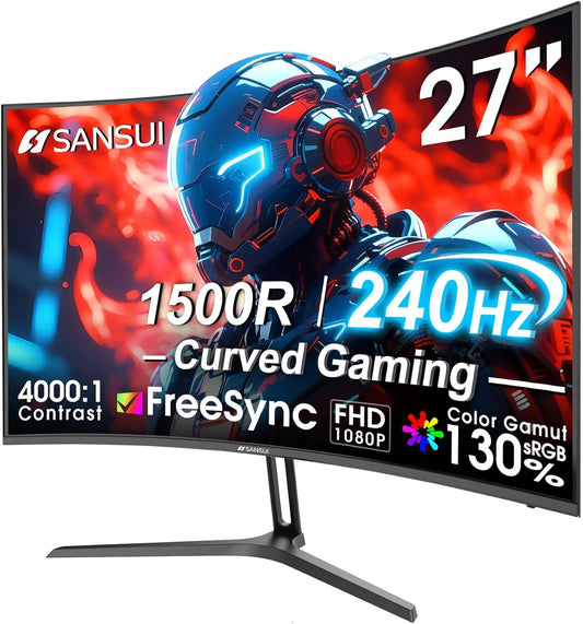 SANSUI 27 Inch Curved 240Hz Gaming Monitor FHD 1080P - 1500R Curve Computer Monitor, 130% sRGB, 4000:1 Contrast, HDR, FreeSync, MPRT 1Ms, Metal Stand