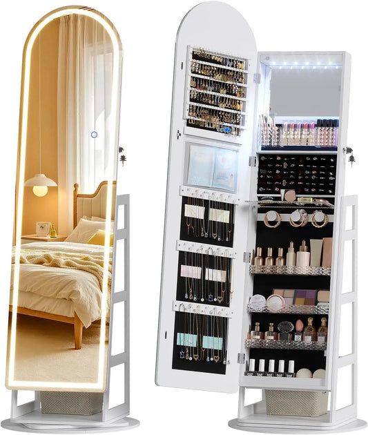 LVSOMT LED Arched Mirror Jewelry Cabinet Standing - Lockable Jewelry Armoire