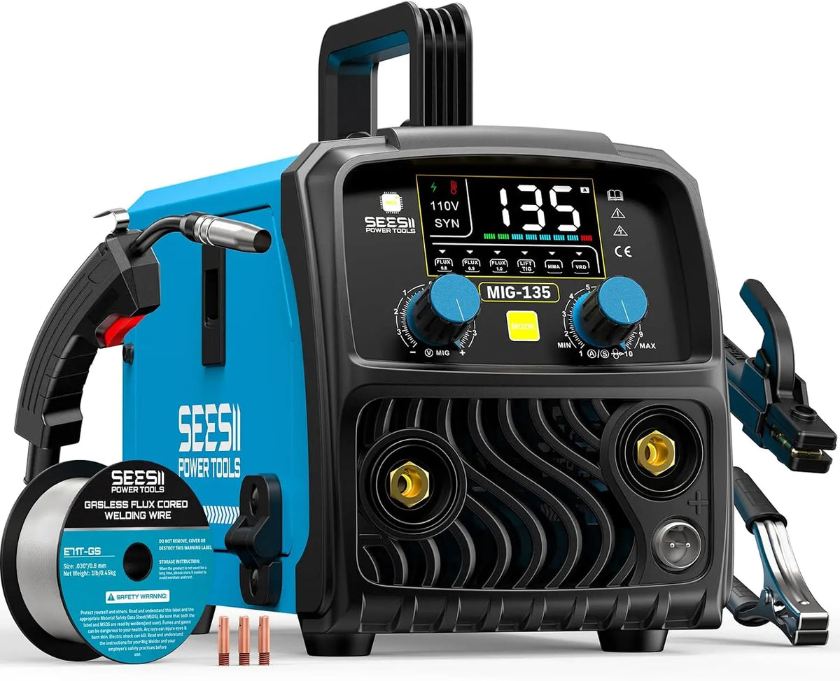SEESII 135A MIG Welder 110V - 3-in-1 Gasless Flux Core/Lift TIG/Stick Welding Machine, 7.7lbs Portable IGBT Inverter