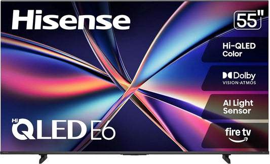 Hisense 55 Inch E6 Cinema Series Hi-QLED 4K UHD Smart Fire TV - 55E6QF, AI Light Sensor, Dolby Vision · Atmos, Voice Remote with Alexa, Game Mode Plus
