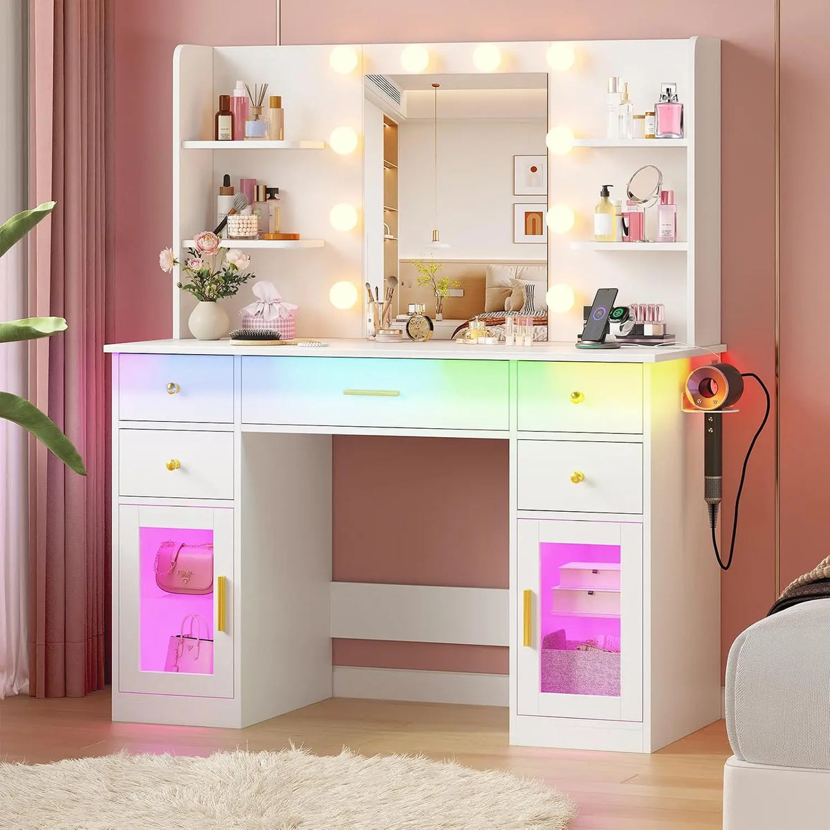 White Vanity Desk with Mirror and Lights & Charging Station - RGB Cabinets