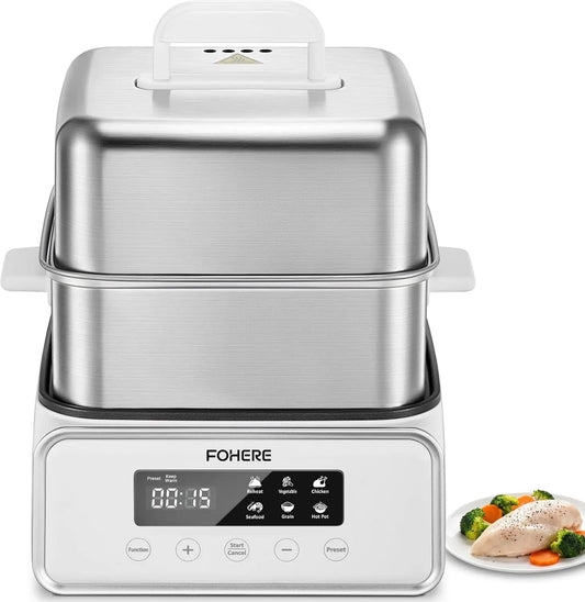 FOHERE Electric Food Steamer 1200W - 12.7QT Double Tier Stainless Steel Vegetable Steamer with Digital Timer, 8 Preset Menus for Fish, Meat, Rice