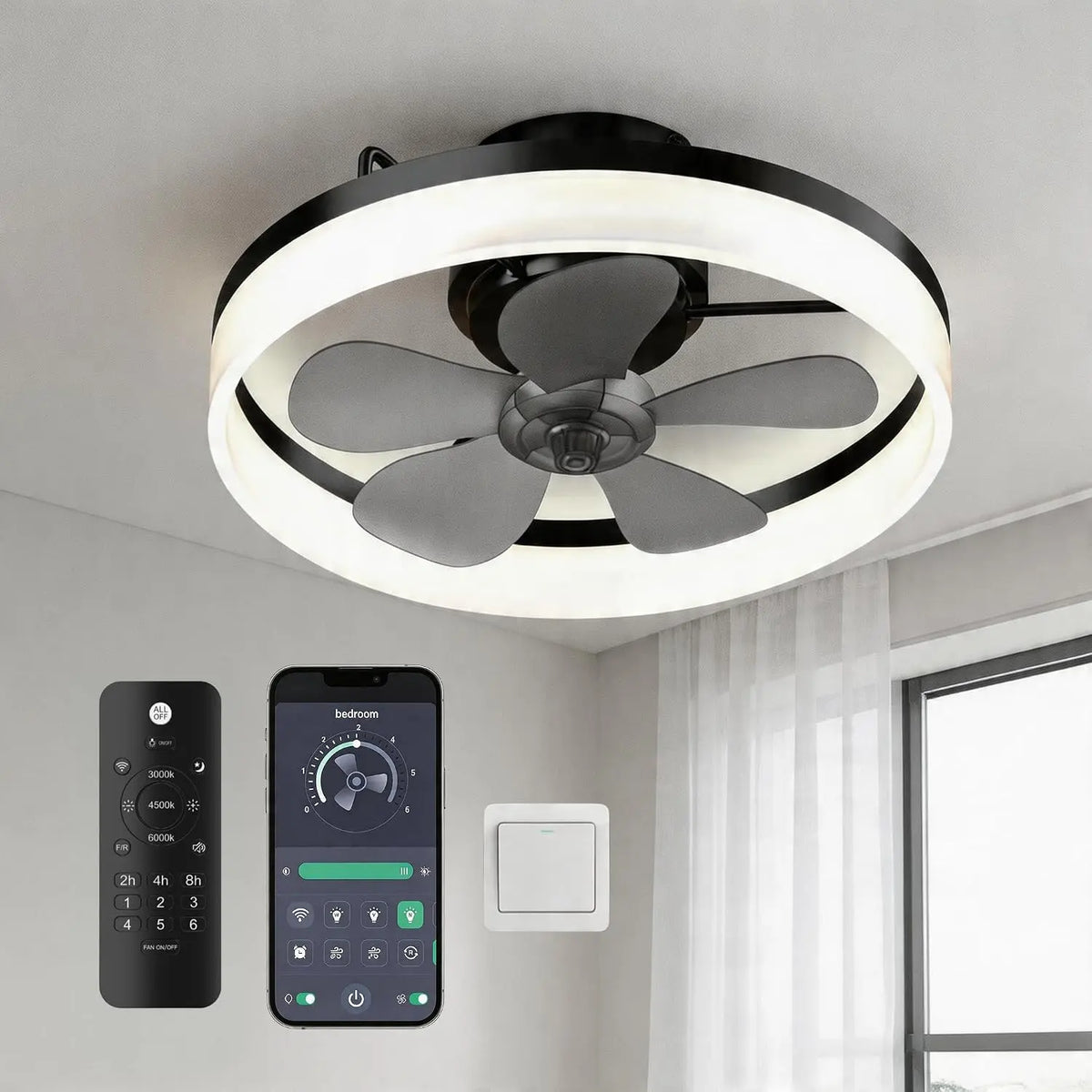 Ceiling Fans with Lights and Remote - 19.7 Inch Dimmable LED, Black