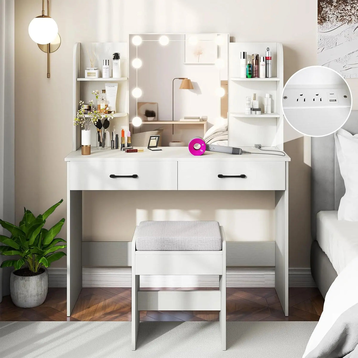 LOKO Makeup Vanity Desk with Lighted Mirror - Dressing Table & Stool Set