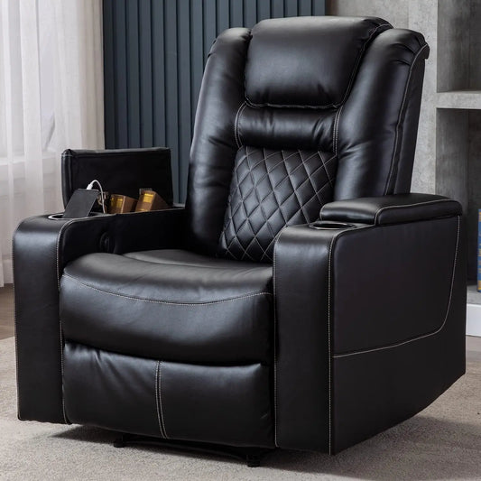 CANMOV Electric Power Recliner Chair with USB Ports and Cup Holders - Breathable Leather Home Theater Seating with Hidden Arm Storage, Black