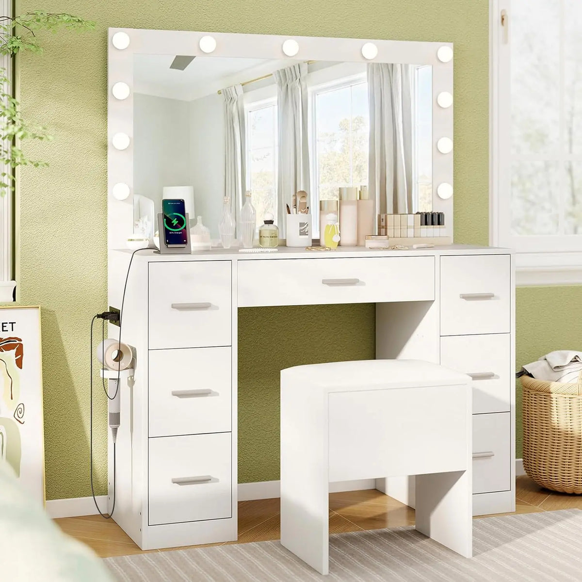 CHARMAID Vanity Desk with Large Mirror and Lights - White Makeup Vanity Table with Charging Station, 7 Drawers, Cushioned Storage Stool