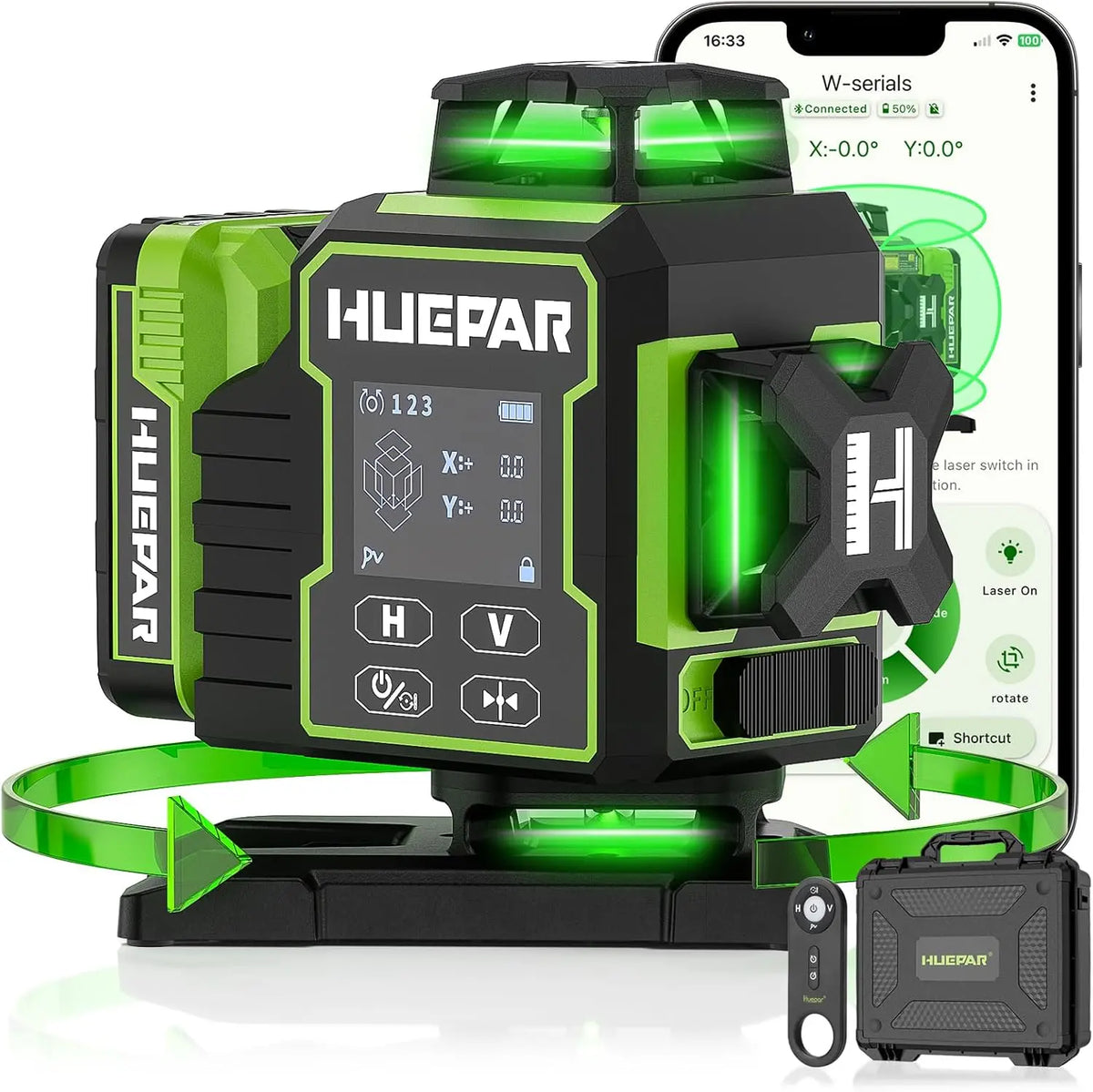 Huepar Laser Level 360 Self Leveling - W04CG 4x360° Bluetooth Construction Lazer Leveler Tool with Electric Rotating Base ＆ Large LCD Screen