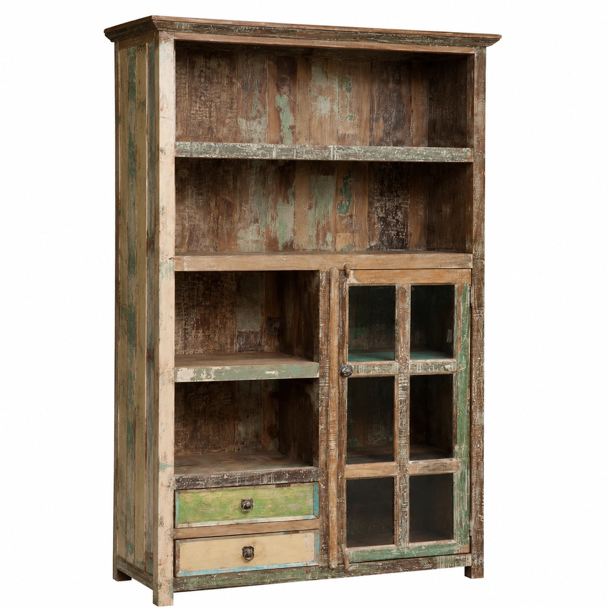 Credenza Alta in Legno Riciclato per Soggiorno e Cucina con Ripiani e Ante 201x41x122 cm