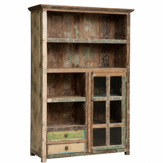 Credenza Alta in Legno Riciclato per Soggiorno e Cucina con Ripiani e Ante 201x41x122 cm