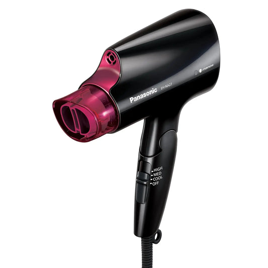 Panasonic nanoe Compact Hair Dryer for Healthy-Looking Hair - 1400W Portable, Folding Handling and Quickdry Nozzle for Fast Drying, EH-NA27-K