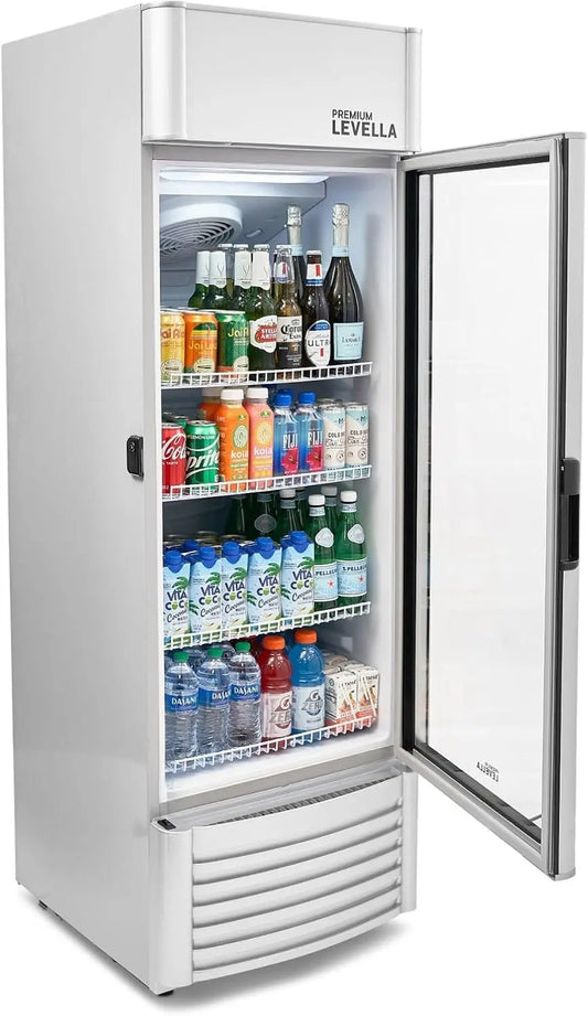PremiumLevella PRF90DX Glass Door Display Refrigerator 9.0 Cu. Ft. Commercial Beverage Cooler Merchandiser - Customizable Lightbox, Silver