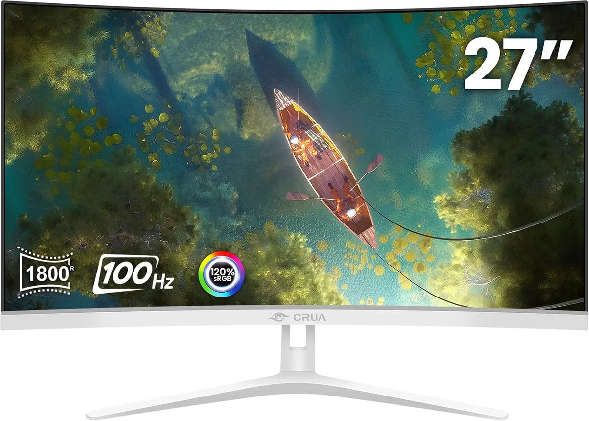 CRUA 27 Inch FHD 100Hz White Curved Computer Monitor - 1800R VA, Frameless