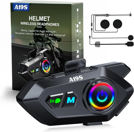 A19S Motorcycle Helmet Bluetooth Headset - 2-Way 1KM Intercom, DSP Noise Cancellation, IPX7 Waterproof, BT5.4 Helmet Headphone