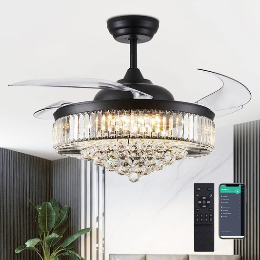Fandelier Ceiling Fans with Lights and Remote Control Crystal Chandelier Ceiling Fan for Bedroom Living Room - LED Dimmable, 6 Speeds, Black