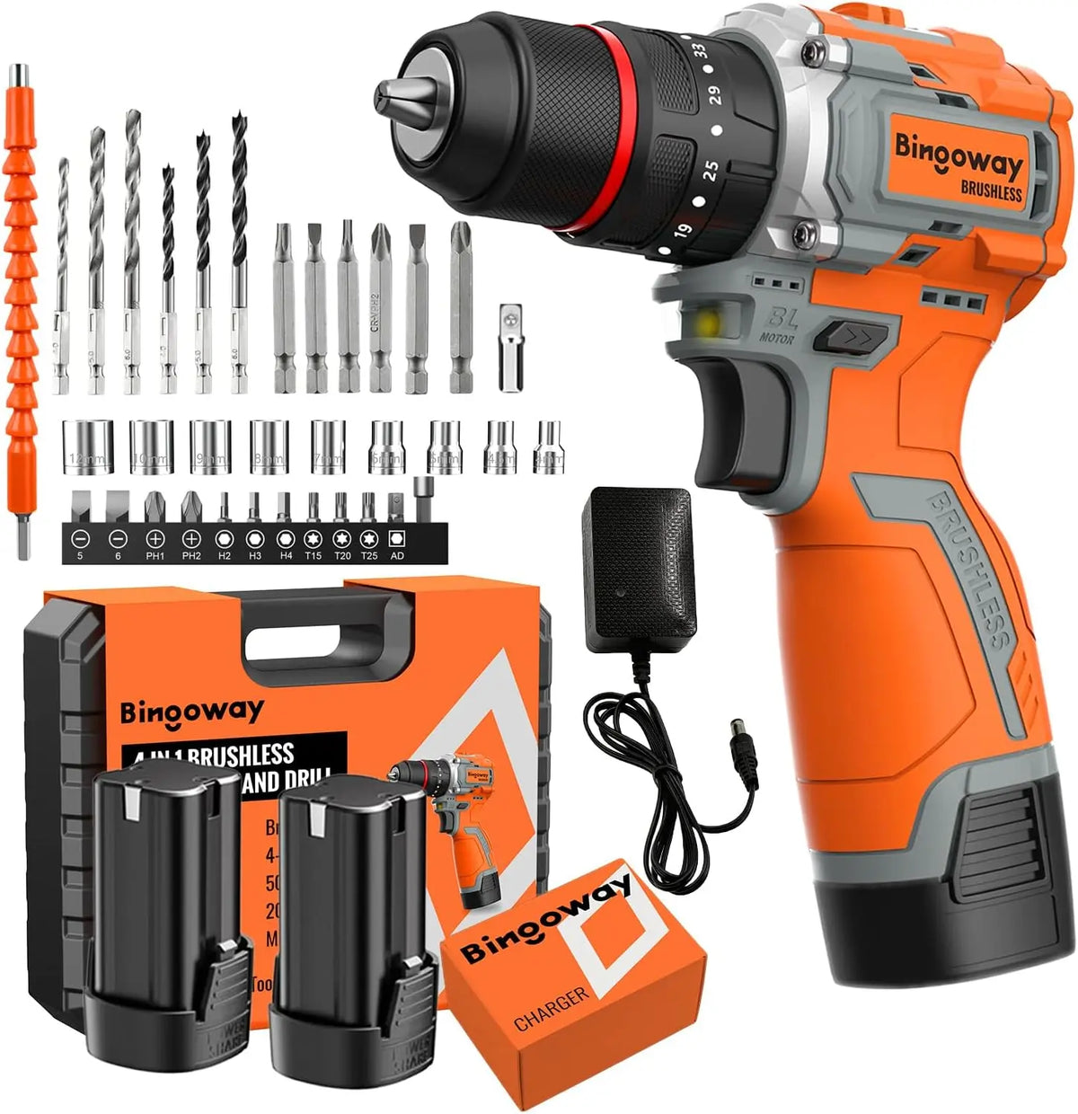 Brushless Cordless Drill Set - 16.8V 4-in-1 Electric Drill Driver with Impact Function, 50 N.m Power Drill Kit with 36 Accessories, 2 Batteries