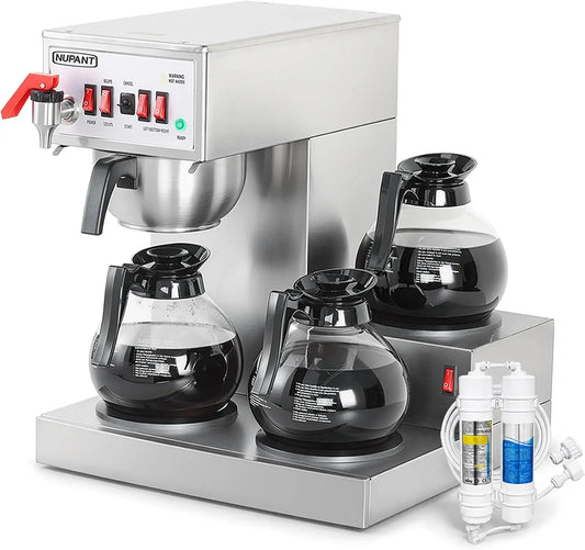 NUPANT 12 Cup Commercial Coffee Maker Auto Filling Drip Coffee Machine with 3 Carafes 3 Warmers - Filters