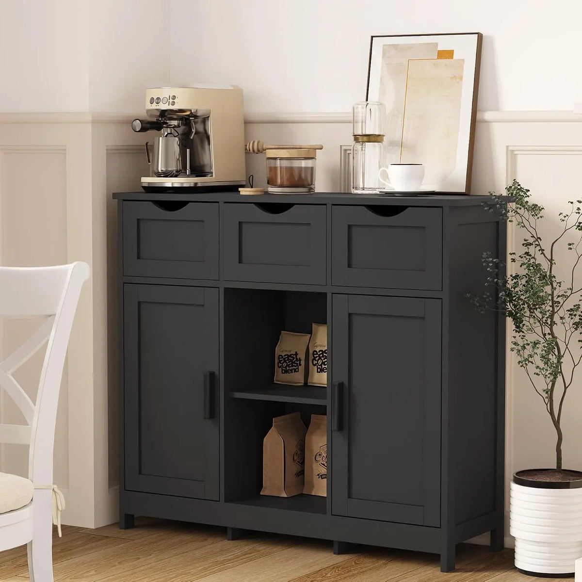 Sideboard Floor Storage Cabinet - Wooden Storage Organizer with 2 Doors and 3 Drawers, Kitchen, Bathroom, Black
