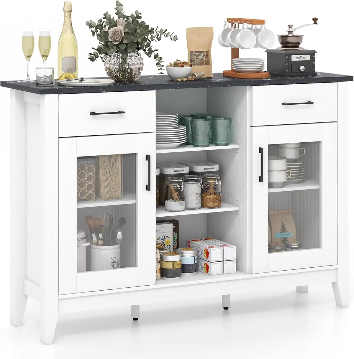 GIANTEX Sideboard Buffet Cabinet with 2 Drawers - Kitchen Storage Cabinet w/2 Doors, Open Compartments, Shelves, Faux Marble Top, Coffee Bar, Entryway