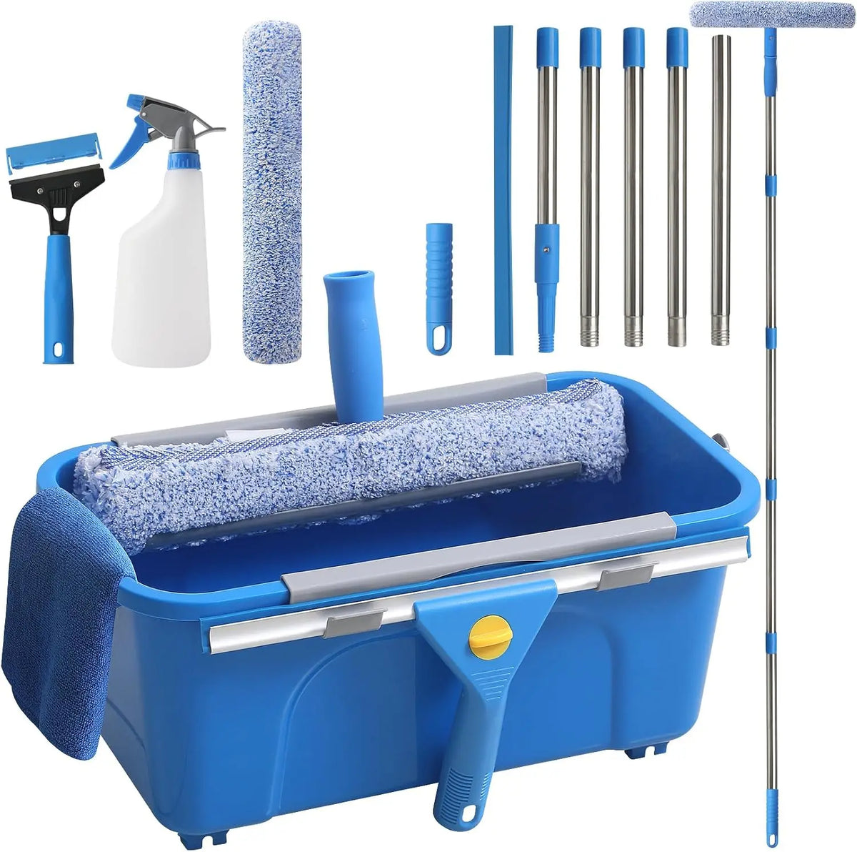 Creatyi 11PCS Window Cleaning Kit Washing Tool - Bucket 3 Gallon, 76 Inch Long Handle Window Squeegee and Microfiber Scrubber
