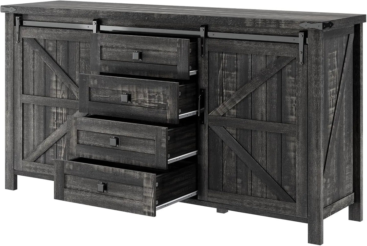LUXOAK 60 Inch Sideboard Buffet Cabinet with Storage Drawers for Kitchen - Dining Room, Oak Black