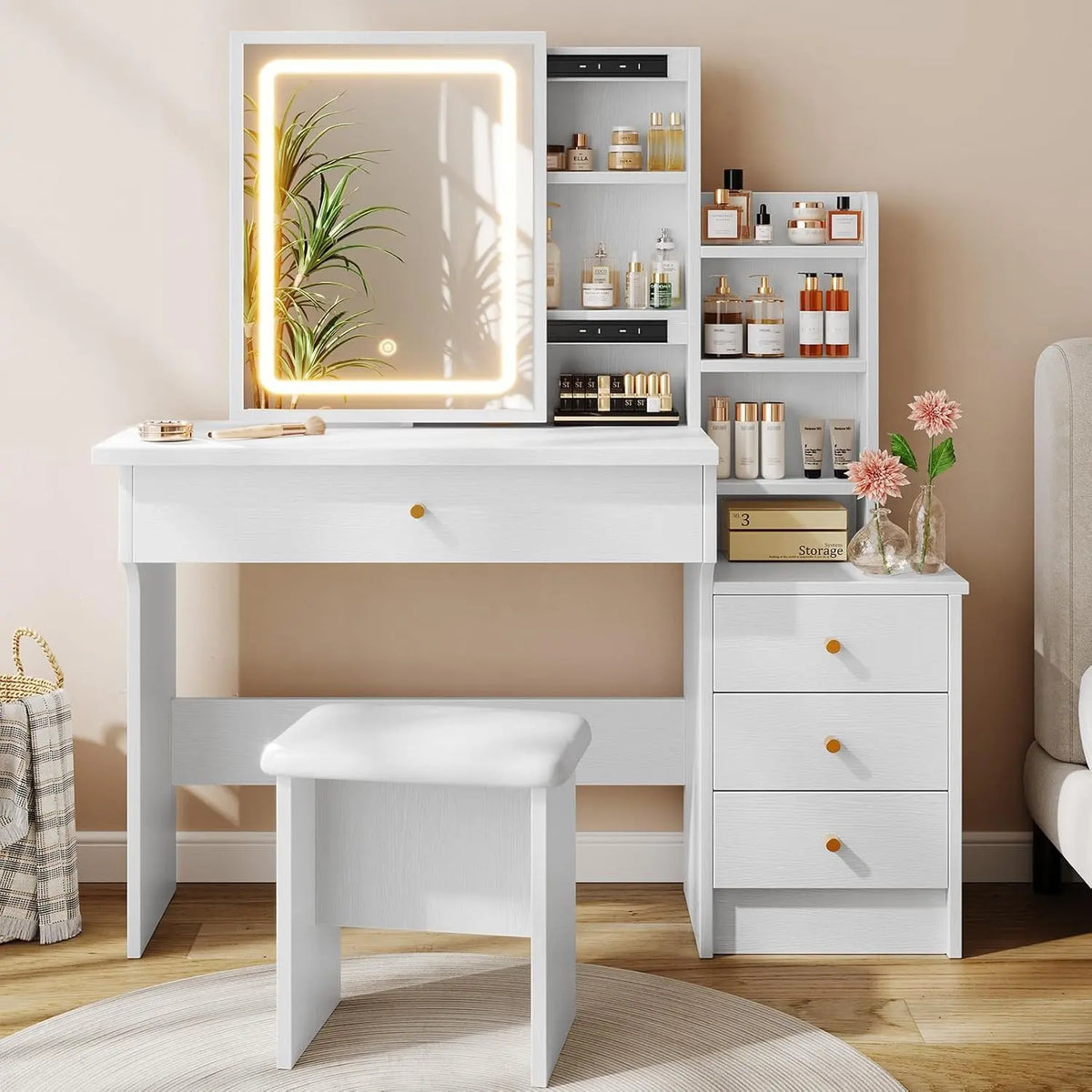 Memobarco White Makeup Vanity Desk - With Sliding Mirror & 4 Drawers