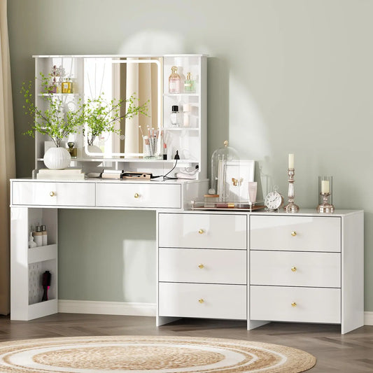Ieejdn Makeup Vanity Desk with Mirror and Lights - Vanity Desk with 8 Drawers & Storage Shelves, Vanity Table with Power Outlet, Bedroom, White