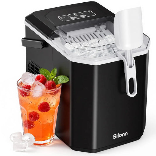 Silonn Ice Maker Countertop Machine with Handle - 26lbs in 24h, 9 Ice Cubes Ready in 6 Mins, Self-Cleaning Ice Makers with Basket and Scoop, Kitchen