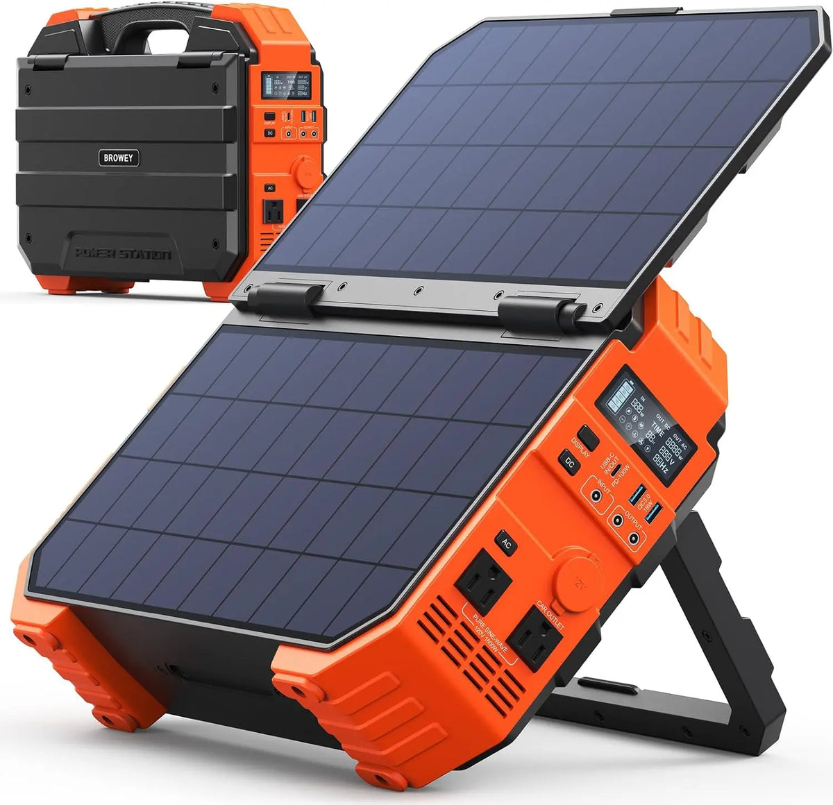 BROWEY 1600W - 3200W Peak, Portable Power Station with Built-in Solar Panel