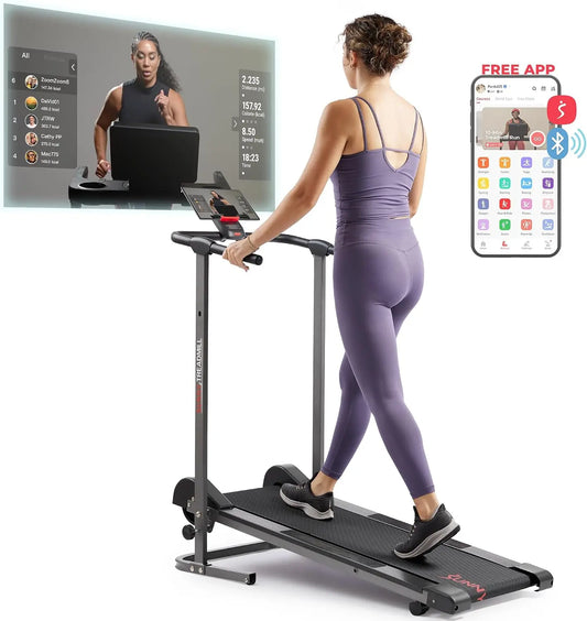 Sunny Health & Fitness Manual Walking Treadmill - Non-Electric, Foldable & Compact Design, Quiet Tread Pad, Transportation Wheels, Non-Slip Handlebars