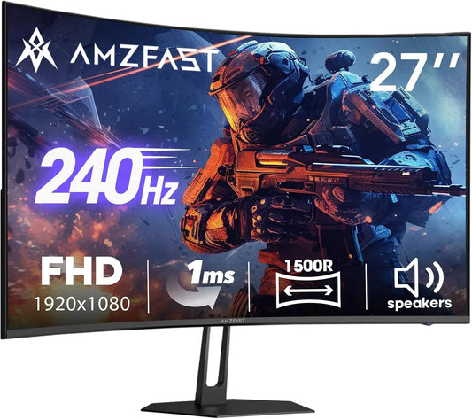 Amzfast 27 Inch 240Hz Curved Monitor - FHD 1080p Gaming Monitor, Built-in Speakers, FreeSync, MPRT 1ms, 130% sRGB, 4000:1, 1500R, VESA Mount