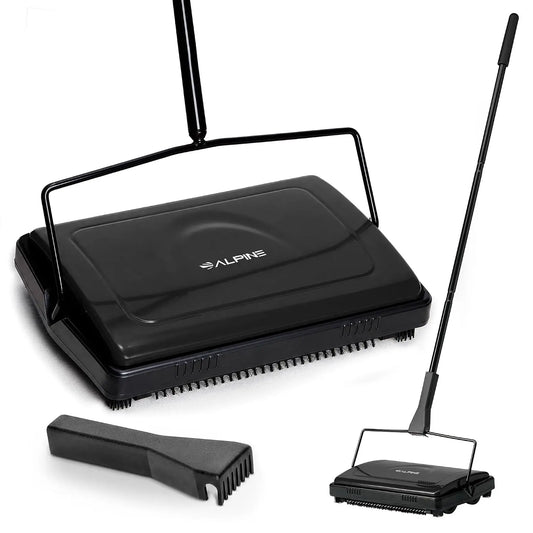 Alpine Manual Carpet Sweeper Triple Brush - Cordless Non Electric Multi-Surface Floor Brush Hardwood Floor Cleaner Easy Sweeping for Carpeted Floors