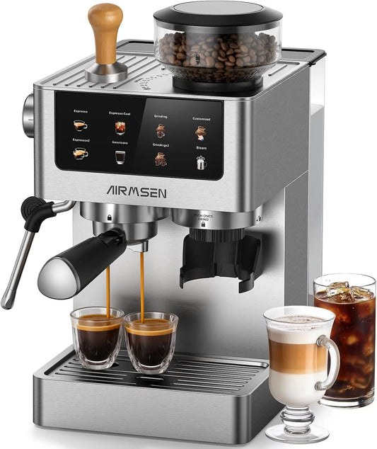 AIRMSEN Espresso Machine with Grinder - 20 Bar, Milk Frothing Steam Wand