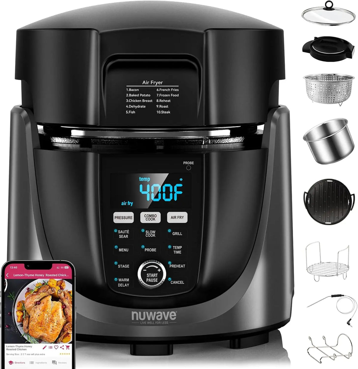 Nuwave Duet Electric Pressure Cooker & Air Fryer Combo w/Probe - 450-in-1