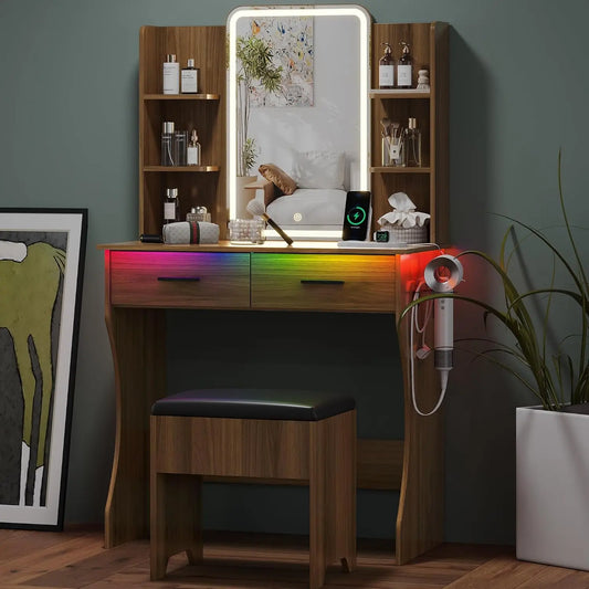 Small Vanity Desk with Mirror and Lights - Makeup Vanity with LED Lights, Walnut Vanity Mirror with Lighted Desk and Chair, Girls